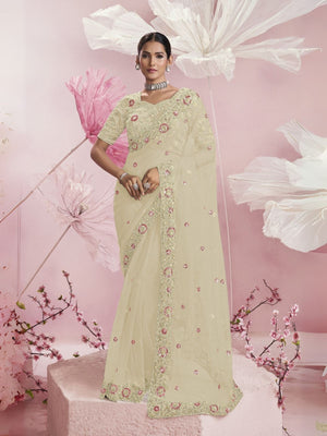Rajwada Cream Net Embellished Elegant Saree For Women
