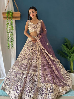 Rajwada Lavender Net Embellished Semi-Stitched lehenga For Women