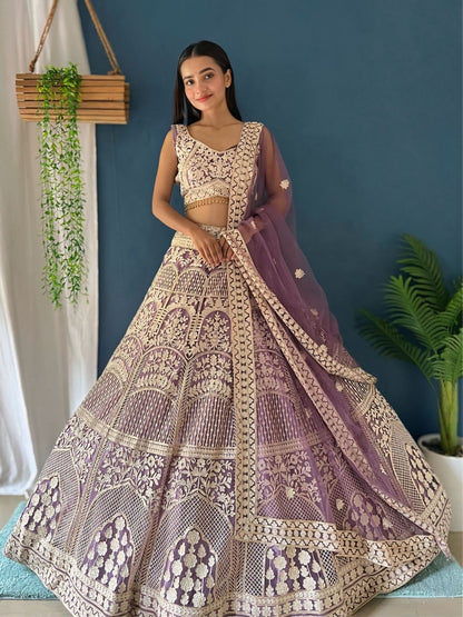 Rajwada Lavender Net Embellished Semi-Stitched lehenga For Women