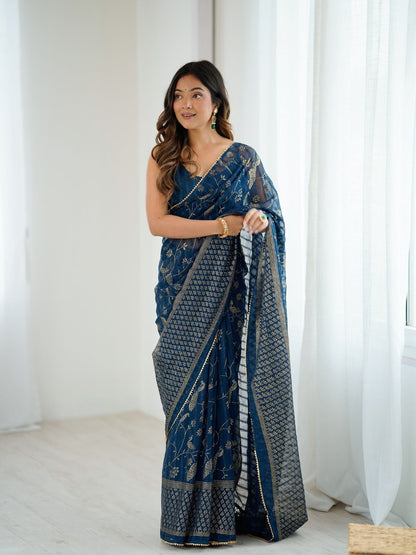 Rajwada Blue Georgette Peacock Motifs Saree For Women