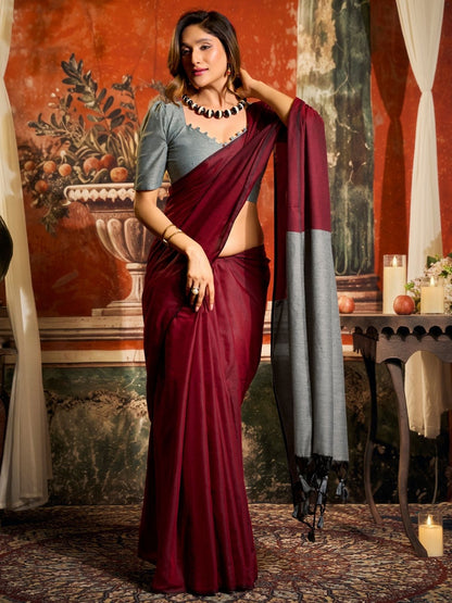 Rajwada Maroon Cotton Blend Plain Saree For Women