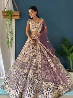Rajwada Lavender Net Embellished Semi-Stitched lehenga For Women