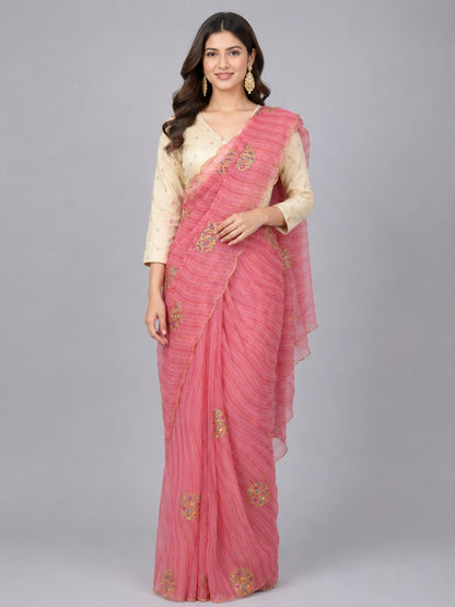 Peach Organza Embroidered Saree