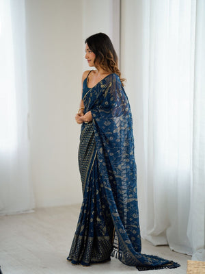 Rajwada Blue Georgette Peacock Motifs Saree For Women