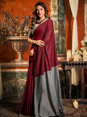 Rajwada Maroon Cotton Blend Plain Saree For Women