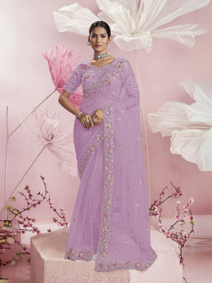 Rajwada Lavender Net Embellished Elegant Saree For Women