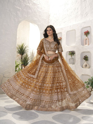 Rajwada Dark Mustard Net Embroidered Semi-Stitched lehenga For Women