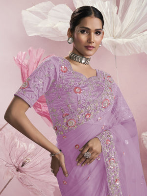 Rajwada Lavender Net Embellished Elegant Saree For Women