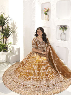 Rajwada Dark Mustard Net Embroidered Semi-Stitched lehenga For Women