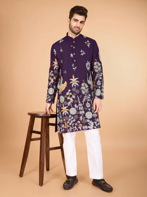 Rajwada Purple Viscose Rayon Stitched Kurta For Men