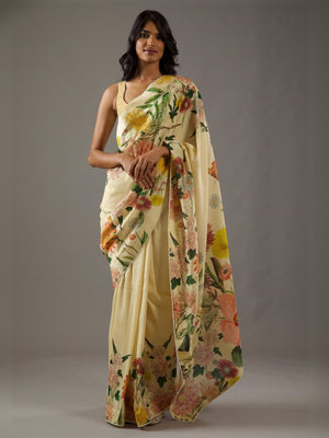 Rajwada Light Yellow Georgette Floral Printed Saree With Unstitched Blouse For Women