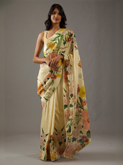 Rajwada Light Yellow Georgette Floral Printed Saree With Unstitched Blouse For Women