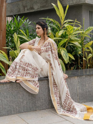 Rajwada Off White Cotton Blend Solid Printed Saree For Women