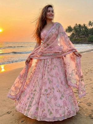 Rajwada Peach Georgette Embellished Semi Stitched Lehenga For Women