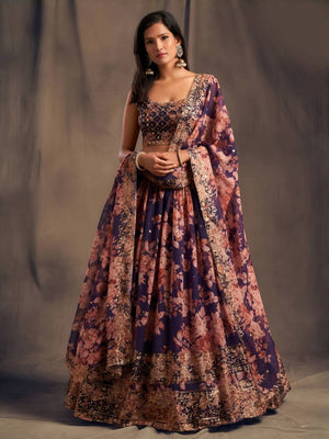 Rajwada Purple Organza Printed And Embriodered Semi-Stitched Lehenga For Women