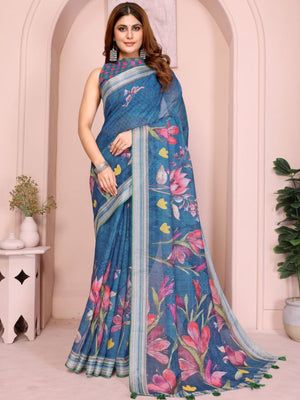 Rajwada Blue Cotton Printed Saree For Women