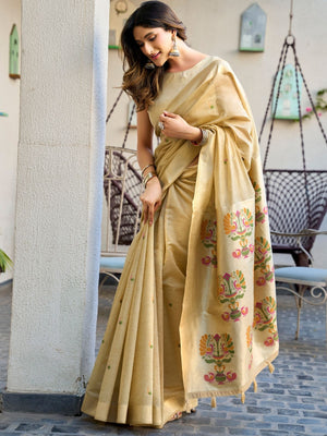 Rajwada Beige Cotton Blend Solid Saree For Women