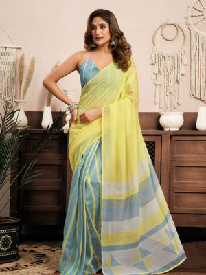 Rajwada Blue And Yellow Cotton Linen Zari Work Saree For Women