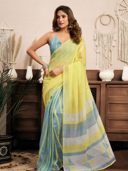 Rajwada Blue And Yellow Cotton Linen Zari Work Saree For Women