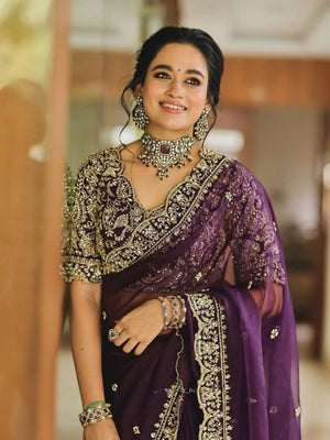 Rajwada Wine Soft Orgenza Silk Embellished Saree For Women