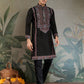Rajwada Black Viscose Silk Embroidered Stitched Kurta For Men