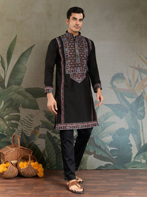 Rajwada Black Viscose Silk Embroidered Stitched Kurta For Men