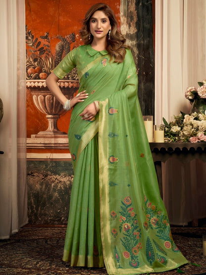 Rajwada Light Green Cotton Blend Solid Saree For Women
