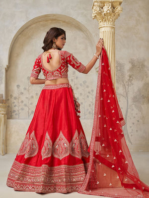 Rajwada Red Silk Blend Embroidered Semi-Stitched Lehenga For Women