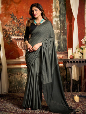 Rajwada Grey Silk Blend Plain Saree For Women