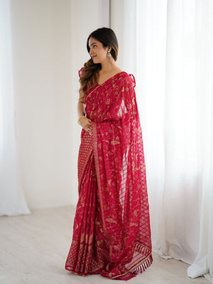 Rajwada Pink Georgette Peacock Motifs Saree For Women