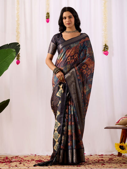Rajwada Black Silk Blend Printed Saree For Women