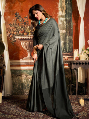 Rajwada Grey Silk Blend Plain Saree For Women