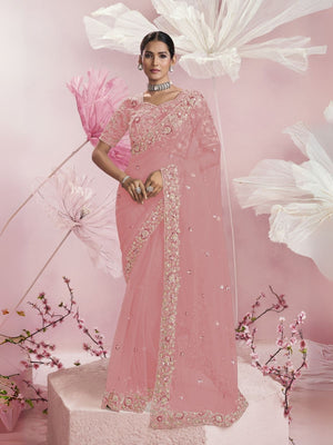 Rajwada Pink Net Embellished Elegant Saree For Women