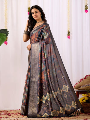 Rajwada Black Silk Blend Printed Saree For Women