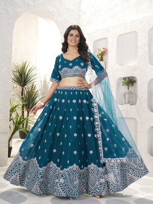 Rajwada Teal Georgette Embroidered Semi-Stitched lehenga For Women
