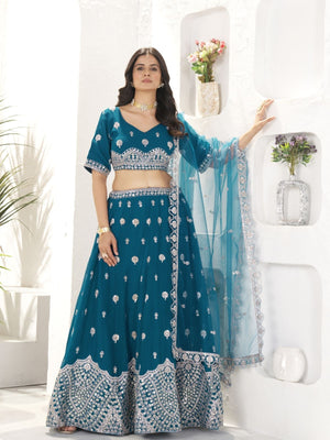 Rajwada Teal Georgette Embroidered Semi-Stitched lehenga For Women
