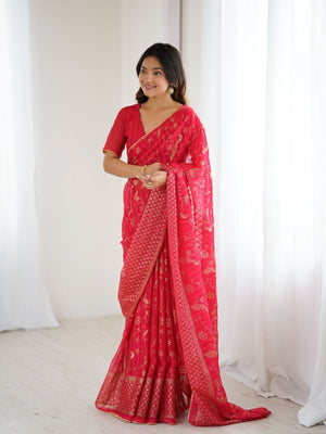 Rajwada Red Georgette Peacock Motifs Saree For Women