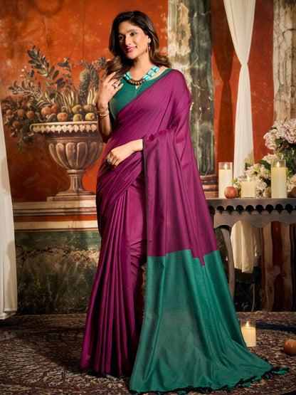 Rajwada Wine Silk Blend Plain Saree For Women