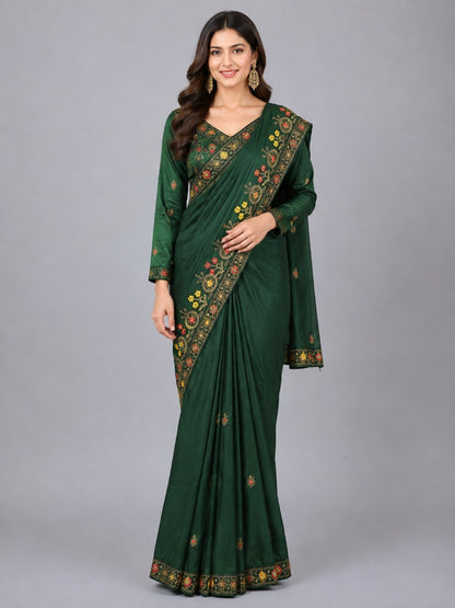 Dark Green  Cotton Blend Embroidered Saree