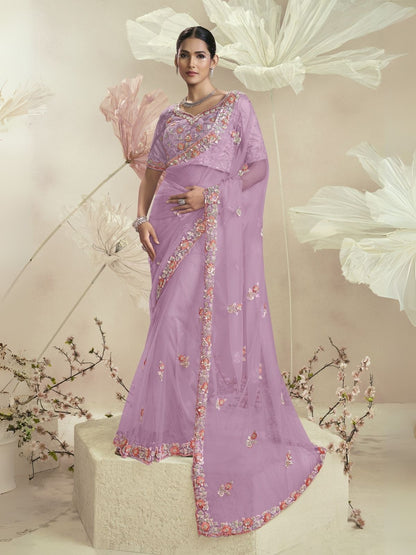 Rajwada Lavender Net Embellished Elegant Saree For Women