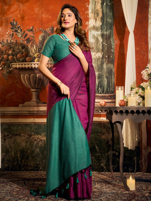 Rajwada Wine Silk Blend Plain Saree For Women