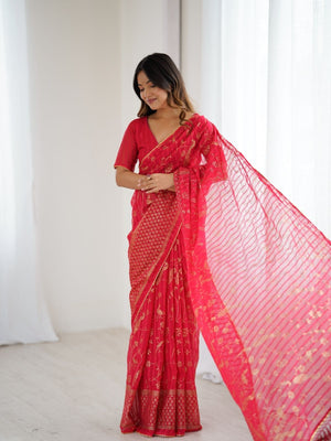 Rajwada Red Georgette Peacock Motifs Saree For Women