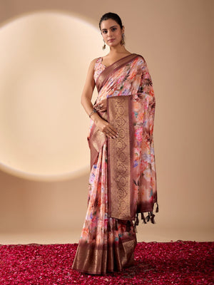 Rajwada Peach Silk Blend Printed Saree For Women