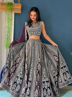 Rajwada Blue And Purple Georgette Embroidered Semi-Stitched lehenga For Women