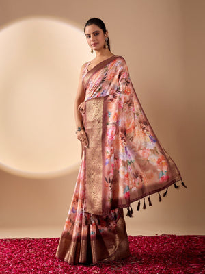 Rajwada Peach Silk Blend Printed Saree For Women