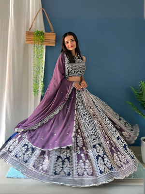 Rajwada Blue And Purple Georgette Embroidered Semi-Stitched lehenga For Women