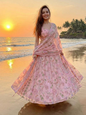 Rajwada Peach Georgette Embellished Semi Stitched Lehenga For Women