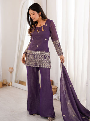 Rajwada Purple Chinon Silk Embellished Kurta Set For Women