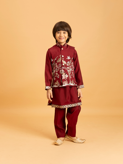 Rajwada Maroon Viscose Silk Embroidered Stitched Kurta Set For Kids
