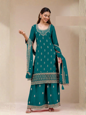 Rajwada Teal Blue Georgette Embellished Semi Stitched Kurta Set For Women